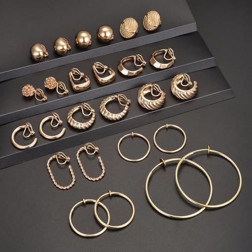 Tornito 15 Pairs Clip on Earrings 14K Gold Plated Chunky Flower Twist Knot Geometric Round Clip on Spring Hoops Earrings for Women Non-Pierced Fake Clip Earring Set Gold Silver Tone3