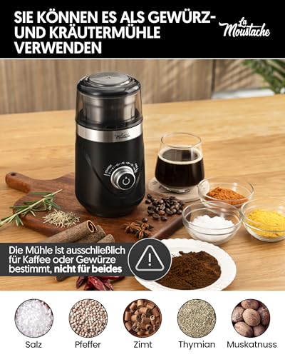 La Moustache - Elektrische Kaffeemühle 150W mit Edelstahlklingen, 80g Fassungsvermögen, Einstellbare Mahlzeit von 5-30 Sekunden, Geräuschlos 60 dB (GrindMini Black)