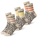 Utensilsto 3 Paar Damen Leo Tennissocken Crew-Socken mit Streifen Leo Print Baumwollsocken Größe 37-42 (Braun, Orange, Gelb)