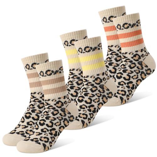 Utensilsto 3 Paar Damen Leo Tennissocken Crew-Socken mit Streifen Leo Print Baumwollsocken Größe 37-42 (Braun Orange Gelb)