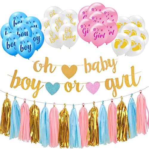 Baby Gender Reveal Party Supplies, Baby and Boy or Girl Banner, Gender Reveal Balloons with Tissue Paper Tassels Garland Set for Baby Shower Party Decorations