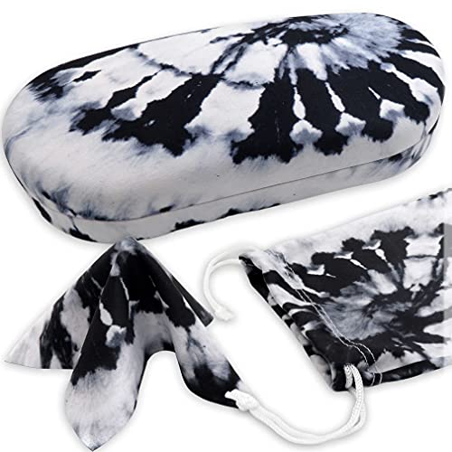 Sunglass Case - Hard Glasses Case for Medium to Large Frames, Eyeglass case Hard shell with Drawstring Pouch and Cleaning cloth By MyEyelassCase (AS87 TD Black & White)