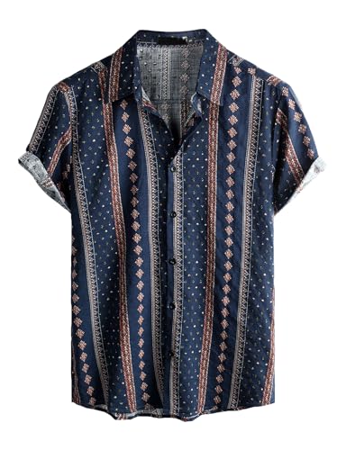 VATPAVE Herren Hawaii Hemd Männer Kurzarm Sommer Freizeithemd Casual Strand Blumen Hawaiihemd Groß Marine Blau