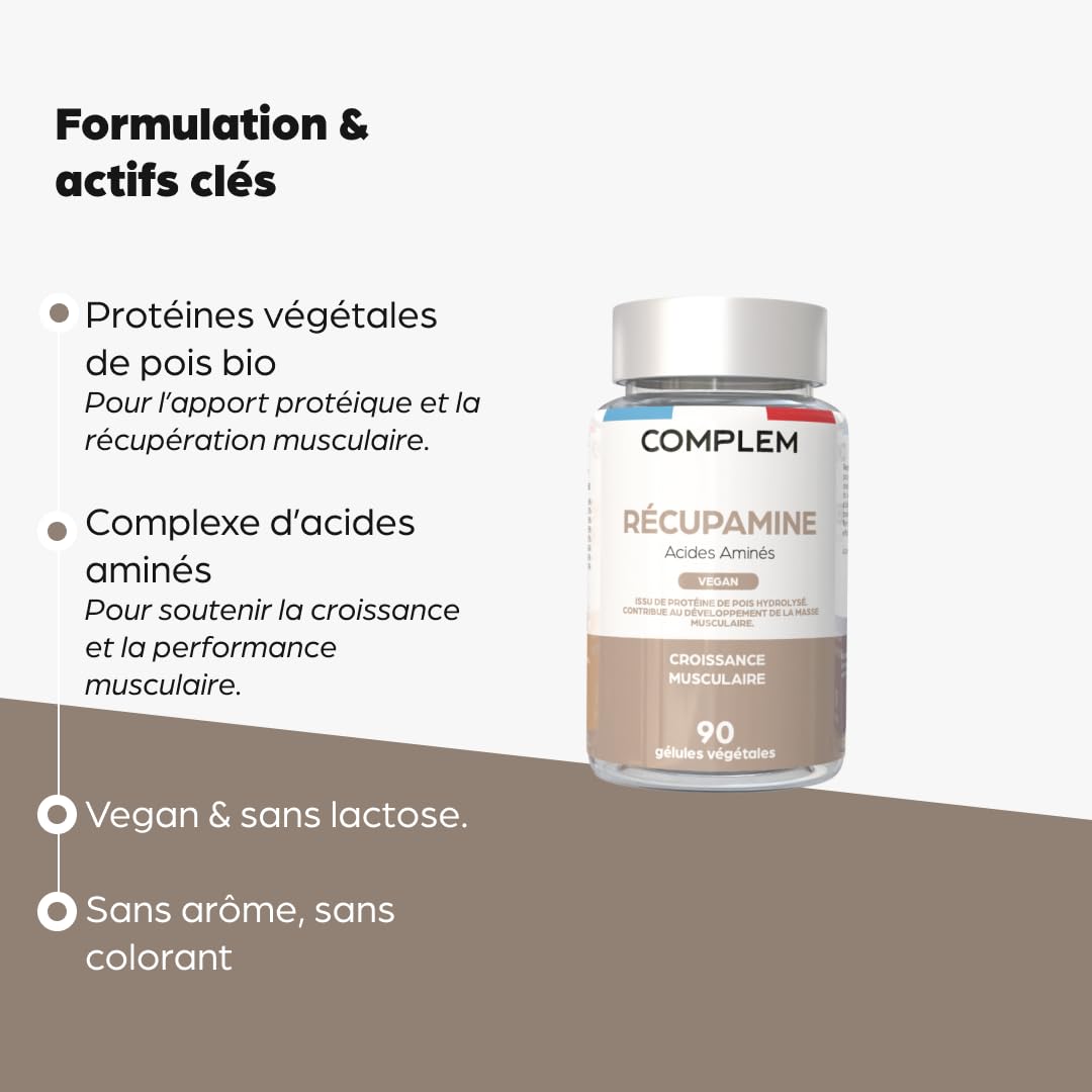 Récupamine – Complexe d’Acides Aminés & Protéines Végétales Bio – Récupération & Confort Musculaire – 90 Gélules Vegan – Complément Alimentaire