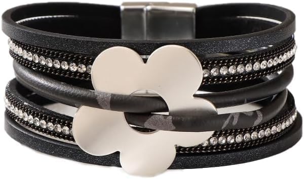 Flower Charm Wrap PU Leather Bracelet for Women Lady Trendy Multi-Layer Cuff Bracelet Handmade Bracelets Jewelry