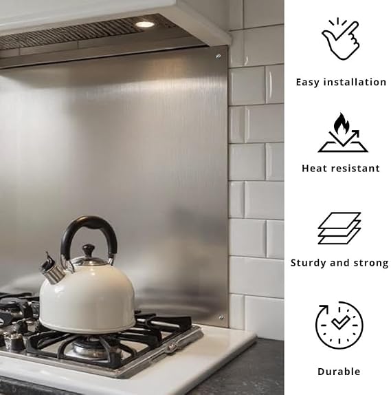 Stainless Steel Splashback – Brushed finish - Splashback for Kitchen – cooker splashback – kitchen splashback – multiple sized kitchen splashbacks for walls (With holes, 600mm x 900mm) [Energy Class A+]