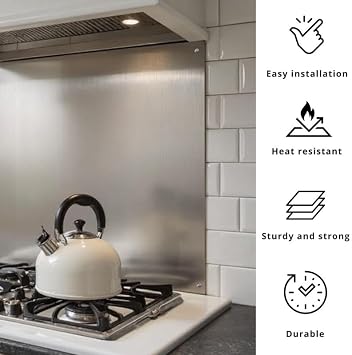 Stainless Steel Splashback – Brushed finish - Splashback for Kitchen – cooker splashback – kitchen splashback – multiple sized kitchen splashbacks for walls (With holes, 600mm x 900mm) [Energy Class A+]