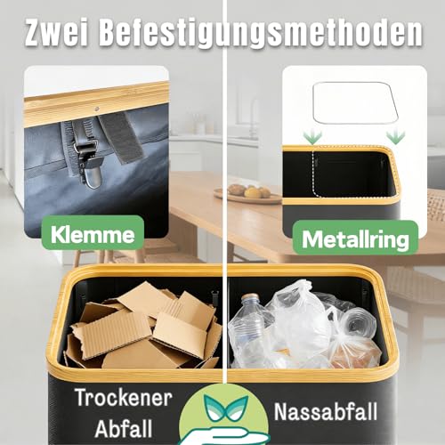 RMAN® 160L Gelber Sack Ständer + Pfandflaschen Sammelbehälter mit Deckel Mülleimer 2 Fächer Wasserdicht Faltbar 2-in-1 Groß Müllsackständer mit 10 Gelber Müllsäcke für Küche, Haushalt, Schwarz