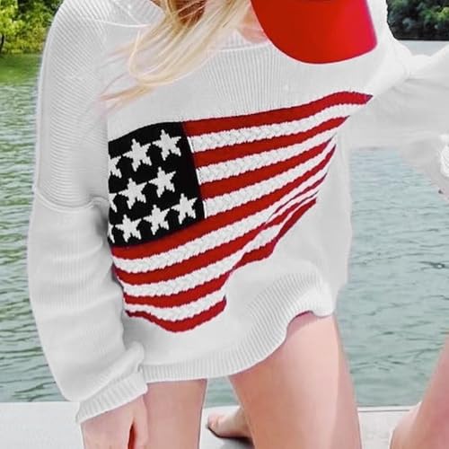 Image of Womens American Flag Sweater Long Sleeve Crew Neck Star Graphic Knit Pullover Tops Casual Loose USA Sweater