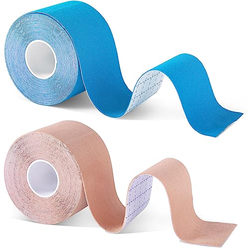 2 Rollos Cinta de Kinesiología Tape 5m x 5cm Banda Venda Cinta Bendaje Adhesiva Deportiva Tape Crossfit Resistente al Agua Transpirable (azul beige)