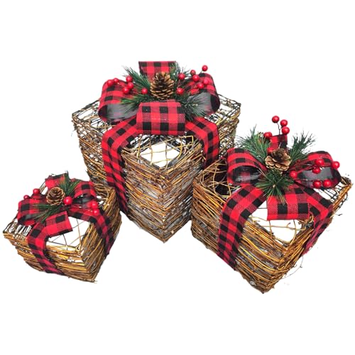 Cajas de Regalo iluminadas de Navidad de 3 Piezas con Luces LED Cajas Decoraciones de Bayas Rojas para Decoraciones de césped de jardín de jardín de árboles de, estil
