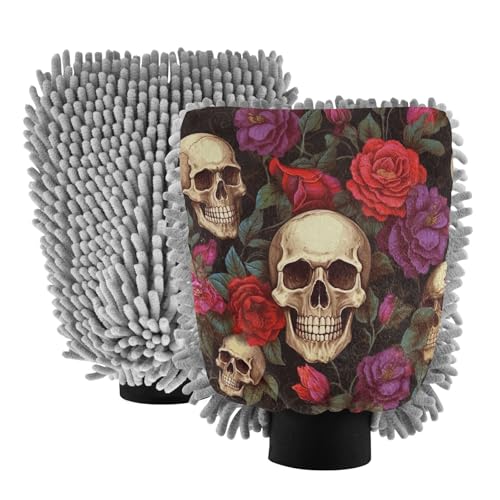 Flradish 2 Pack Skull Rose Car Wash Mitt Chenille Microfiber Lint-Free Scratch Free Ultra-Soft Absorbent Car Wash Mitt 10.2x7.09 Inch