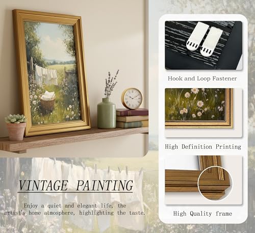Image of NALEPS Vintage Gold Framed Laundry Room Wall Art, Country Landscape Pictures Canvas Painting, Rustic Summer Wildflower Decor for Farmhouse, Bathroom, Damage-Free Ready to Hang, 9x11 in
