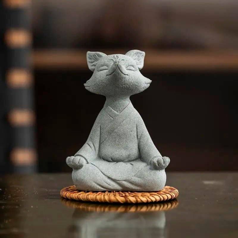 Miniatura 5 de livelyfish Estatua de zorro de Buda meditando, acuario, estatua zen, figuras de animales, escultura de piedra arenisca para pecera, jardín,