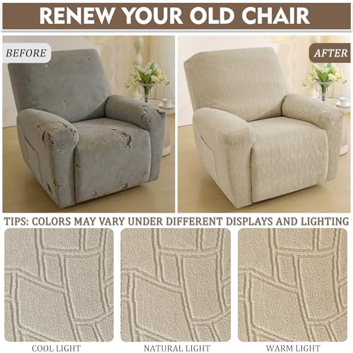 Image of ZNSAYOTX 100% Waterproof Recliner Chair Covers, 3-Piece Stretch Fit Recliner Slipcovers with Buckle & Elastic Band for Lazy Boy, Stay in Place, Soft Plaid Jacquard Protector (X-Large, Khaki)
