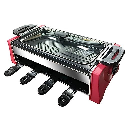 Raclette Table Grill Smokeless Korean BBQ Electric Grill Indoor Grill with 8 Mini Cheese Raclette Pans with Non-stick Plate with Glass Cover for Festivals Parties Gatherings 1300W Red+Silver