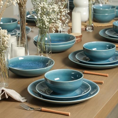 Image of Stone Lain Riley 16-Piece Dinnerware Set Stoneware, Plates and Bowls Set, Dishwasher and Microwave Safe, Dish Set for 4, Blue