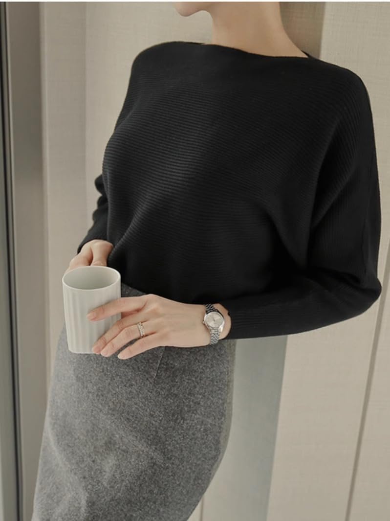 FULIER Boot-Ausschnitt Batwing Ärmel Dolman Lose gestrickte Pullover und Pullis Pullover Tops für Frauen
