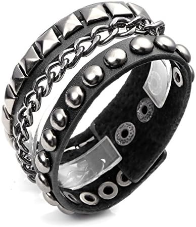 Jovivi Men Women Punk Rock Wide Genuine Leather Spike Studded Rivets Biker Skull Bangle Cuff Bracelet,Black Color