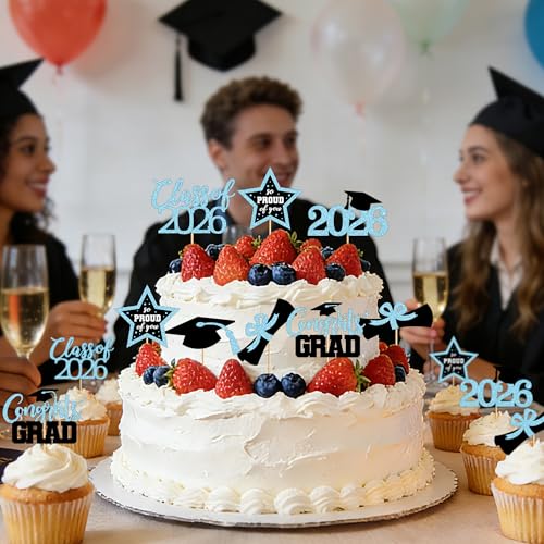 Image of 48 PCS Graduation Cupcake Toppers 2026, 6 Styles Grad Cupcake Toppers, Glittery Congrats Graduation Decor, Black and Sky Blue Cap and Diploma Cake Picks for Grad Decorations Party Supplies