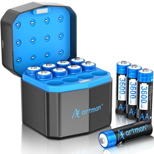 Artman Rechargeable Lithium AA Batteries 12 Pack with 12-Slot Charger, 3600mWh 1.5V High Power AA Lithium Batteries for Blink Outdoor Camera, Rechargeable Double A Battery with 2000+ Cycles (Black)