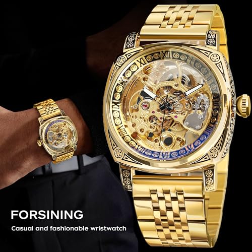 Image of FORSINING Fancy Watches for Men, Square Retro Mechanical Watch Self-Wind Carved, Gear Movement Golden Skeleton Automatic Watches Vintage Leather Strap Wrist Watch