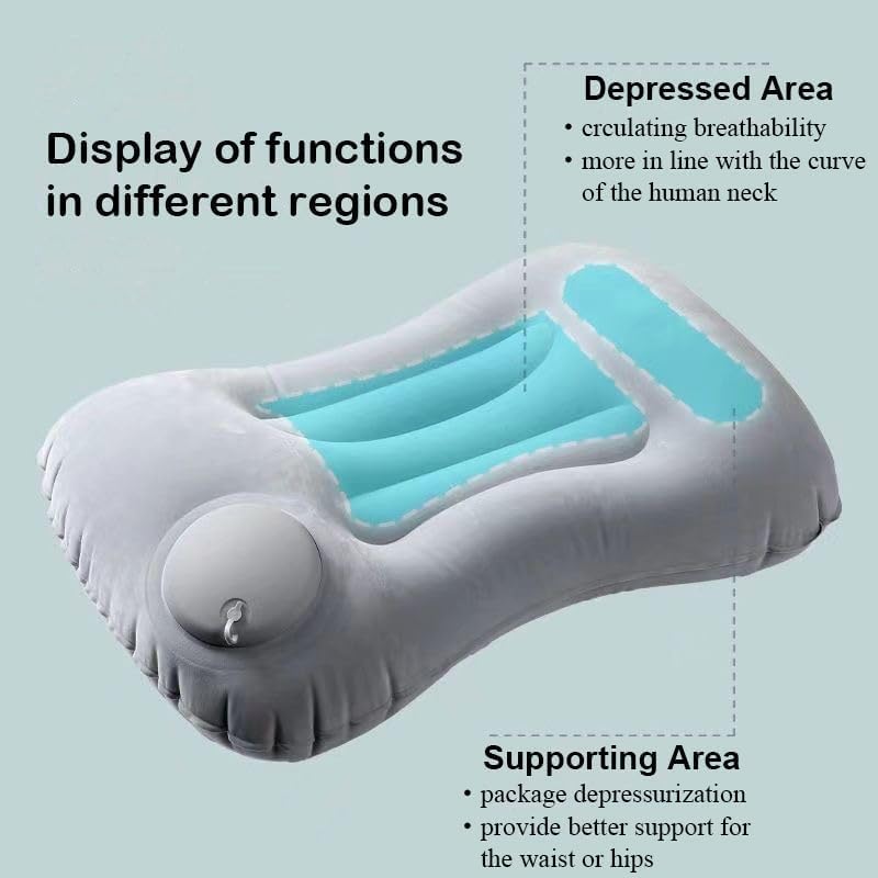Image of Travel Inflatable Air Pillow, Ultralight Press-to-Inflate Neck Pillow with Ergonomic Head & Lumbar Support, Compact Camping Pillow for Backpacking, Airplane, Car & Home
