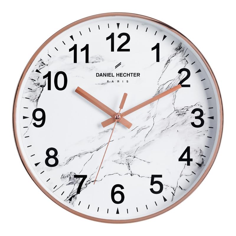 Image of Daniel Hechter Paris Moselle Collection Wall Clock, Silent Sweep Non-Ticking, 12 inch(30cm) HD Glass White Marble Dial, Rose Gold Plastic Frame, Modern Decorative Clock for Home & Office - DHCL1003