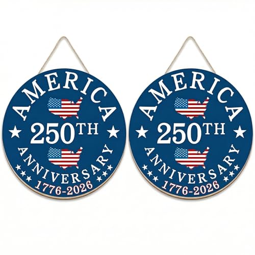 2 Pack 250th Anniversary Door Signs, 11.8" Patriotic 4th of July Decor Set, 1776-2026 America Independence Wooden Hangers, Front & Back Door Wreath Hanging Sign for Home Porch Outdoor Decor