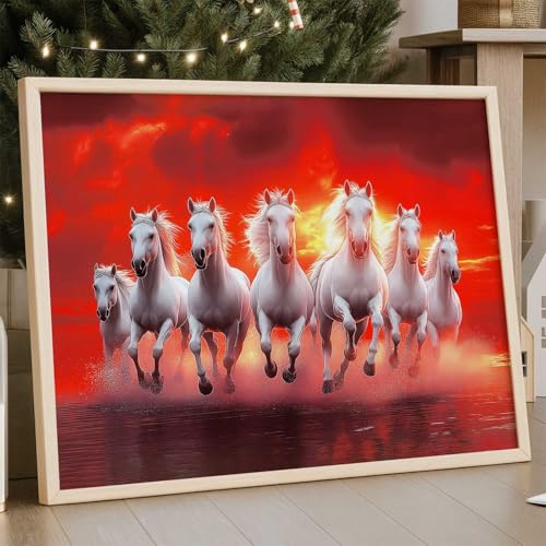 Image of HOTHOUSE 7 Horses Vastu Frame Wall Art Painting for Living Room Bedroom Office Home Decor | Seven Running Vastu Lucky Horse Rising Sun Painting Wall Decor Size (19X25 inch)