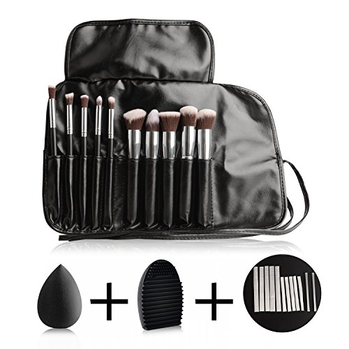 KDKD Makeup Brushes Set with Case 10 Pieces Black Wooden Handle Comestics Tools + Sponges + Cleaner