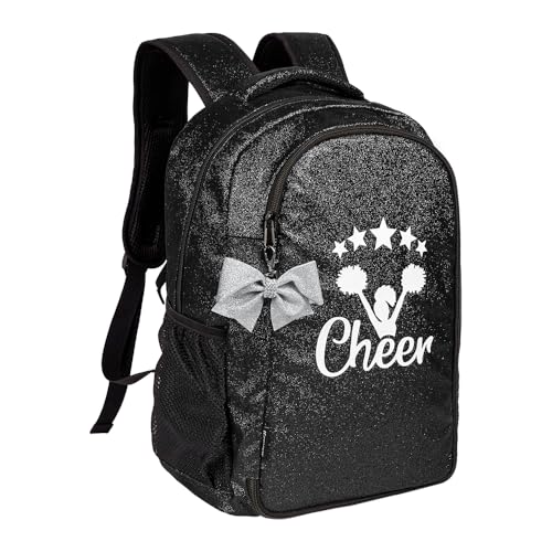 KZSKKW Cheer Backpack with Bow Keychain Glitter Cheerleading Backpack for Girls Cheerleaders Bags Gift for Teen Cheerleaders & Students (Black)