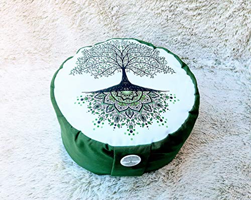 Zafu, cojín de meditación en tonos verde y blanco con mandala arbol 