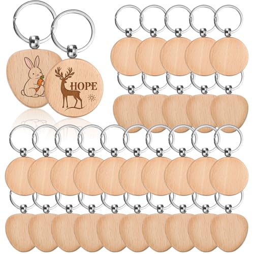 40 Porte Clef Bois Porte-Clés en Bois en Forme de Cœur et Circulaires Porte Clef Personnalisable Adaptés à Sculpture Peinture L'écriture les Projets de...