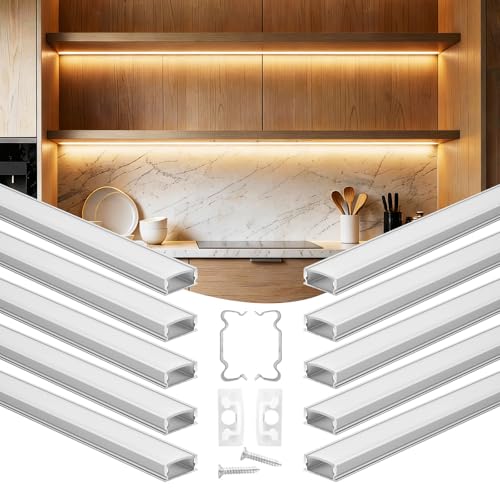 VEVOR Profilé Aluminium LED en U 1 m Lot de 10 Canal LED pour Ruban Lumineux Éclairage sous Meuble Cuisine, avec Diffuseur en PC Blanc Laiteux, Embouts et Clips de Fixation, Aluminium Anodisé Argent