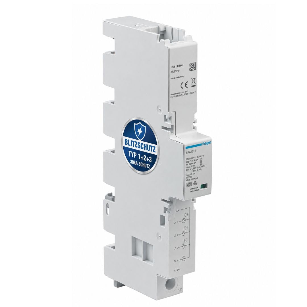 Original HAGER SPA701Z Überspannungsschutz Typ 1+2+3 4-polig für Zählerschrank, Kombiableiter 30kA für TT TN-S Netz, Blitzschutzableiter mit Sammelschienenmontage, SPD Überspannungsableiter