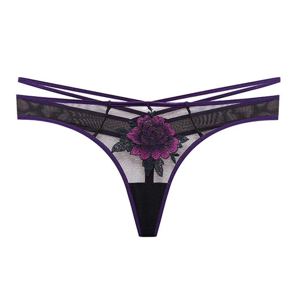 Tanga De Encaje Femenino, Tanga Sexy De Tiro Bajo Bordado Rojo Vino, Blanco, Lavanda, Púrpura, Negro (Color : Purple, Size : M)