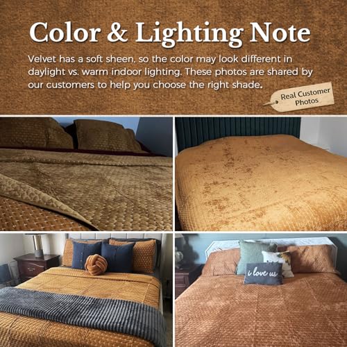 Image of Grassix Velvet Quilt Set King Size, Luxury Cross Stitch, Gold Caramel | Lightweight Velvet Comforter with 2 Pillow Shams, Soft Bedspread Coverlet, Quilted Bedding Set for All Seasons, 108 inchx96 inch