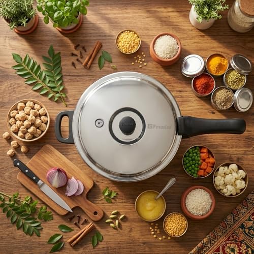 Image of Premier Comfort Stainless Steel Sandwich Bottom Pressure Cooker (5l) Durable And Rust-resistant, Safety Features, Easy To Clean, Ideal For Fast And Even Cooking, Perfect For Modern Kitchens