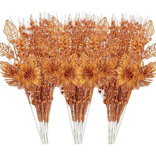 24 Pack Christmas Tree Ornaments - Artificial Flowers Glitter Berry Stems Christmas Floral Picks Branches for Xmas Tree Decorations Vase Filler Holiday Wedding Party Home Decor (Orange)