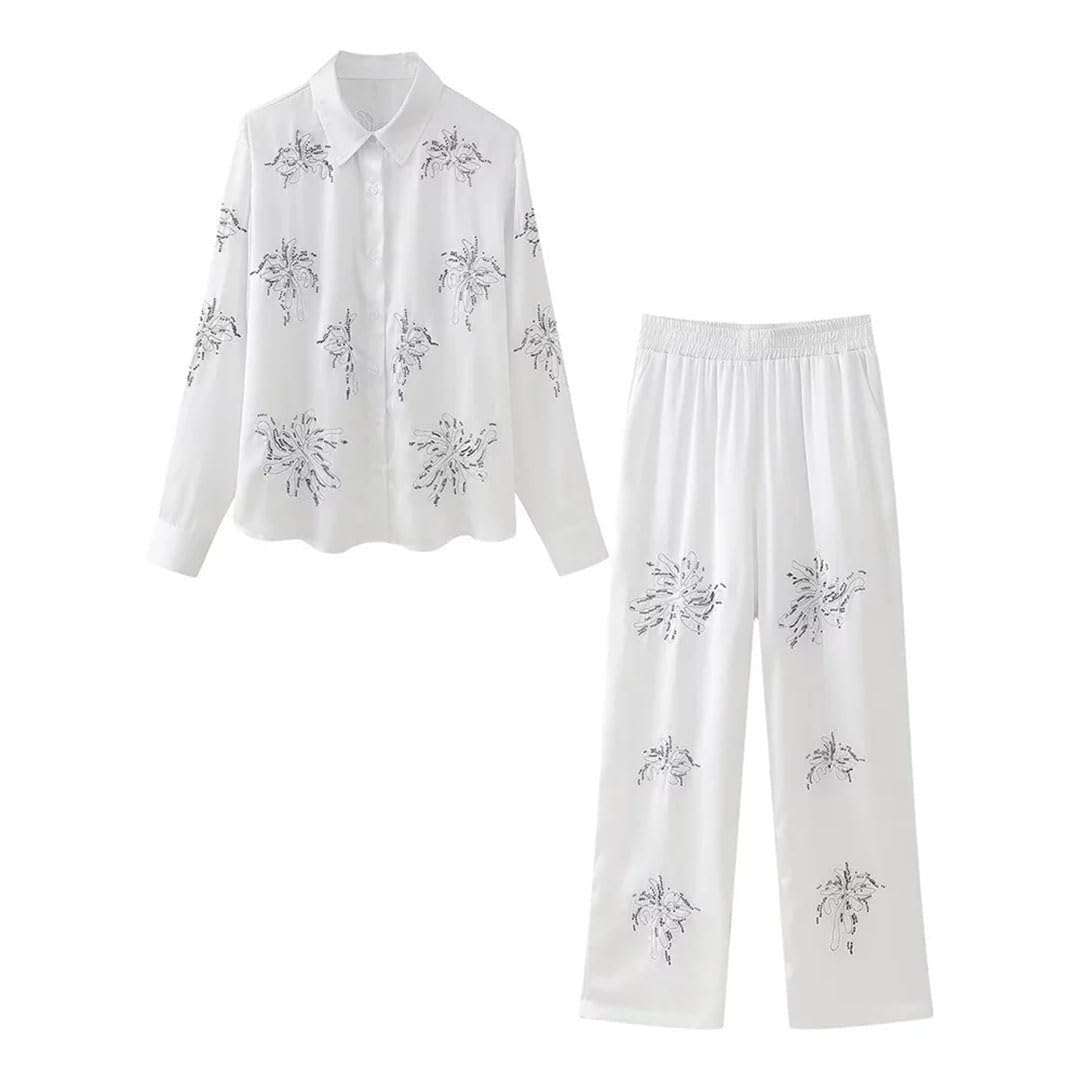 Stile delle donne Flip Collar con perline ricamato camicia, vita alta gamba dritta pantaloni Set