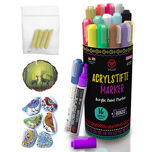 Acrylstifte für Steine Bemalen Set Kinder 16 Steinmalstifte Wasserfest Acrylfarben Marker zum Steinmalerei Stein Holz Textil Keramik Glasmalstifte Lackstifte - Multimarker Acryl Painter Steinmalstifte Cover