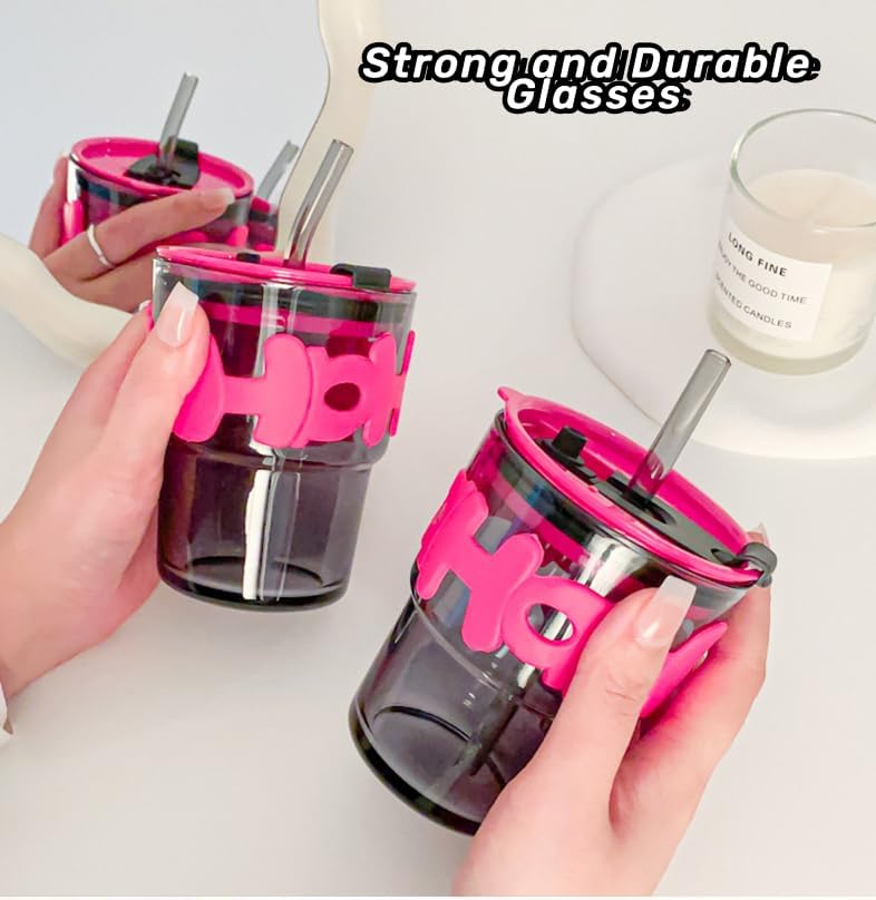 Image of Glass Sipper Tumbler with Straw (Set of 2) | 350ml Stylish Cup for Cold & Hot Drinks | Reusable Travel Mug for Office, Gym, Home