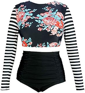 COCOSHIP Red Pink Floral & Black White Stripe Swimwear Splice Long Sleeve Swim