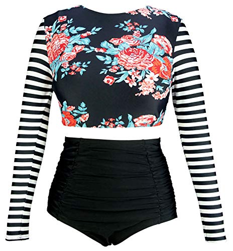 COCOSHIP Red Pink Floral & Black White Stripe Swimwear Splice Long Sleeve Swim