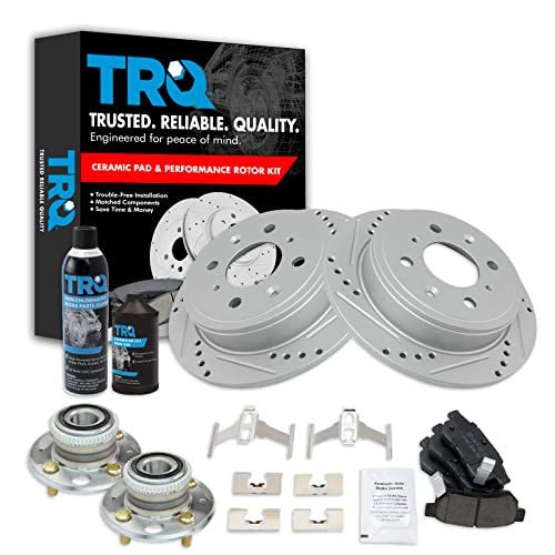 Image of TRQ Performance Rear Brake Pad & Rotor Kit Premium G-Coated Ceramic Slotted X Drilled Compatible with 1990-2001 Acura Integra 1992-2000 Honda Civic 1995-1997 Civic del Sol