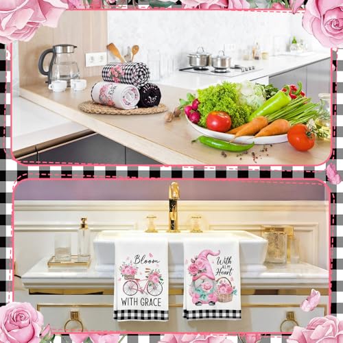 Image of VitalCozy 6 Pcs Lavender Summer Kitchen Towel Set Funny Housewife Farmhouse Rustic Bath Hand Towel for Holiday Bathroom Gift, 24 x 16 Inches (Black and White,Pink Rose)