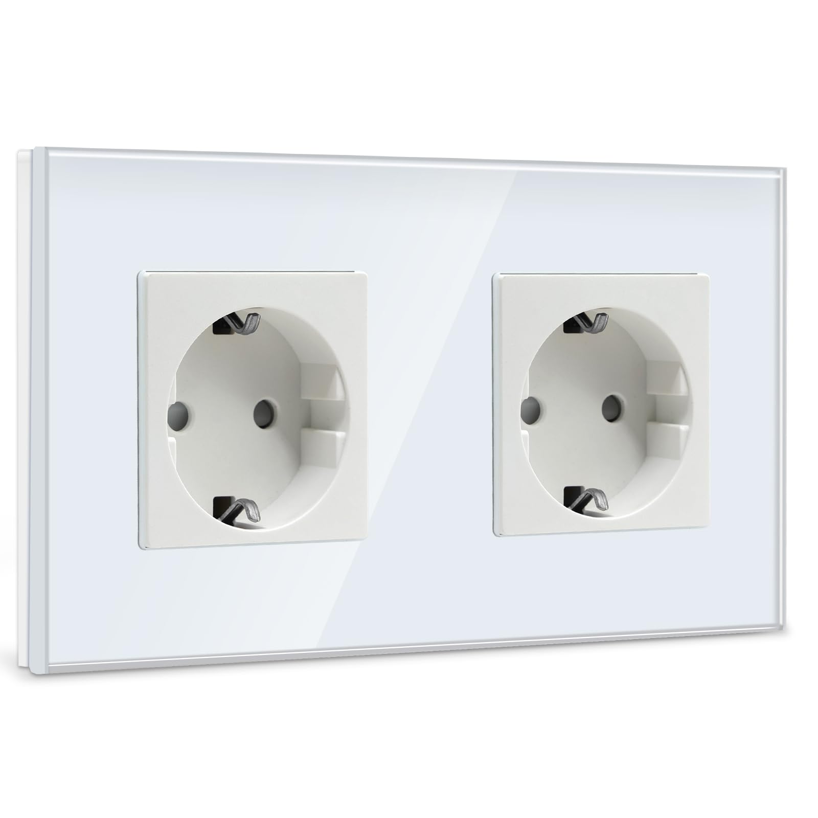 BSEED Schuko Steckdose 2 Fach Steckdose Glas Unterputz Steckdose,Steckdosen mit Kristall Glas Platte Doppel Wandsteckdosen 16Amp EU Standard Verlängerungssteckdosen Weiß -157mm