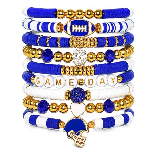 Shcsdr Surfer Heishi Game Day Football Charm Bracelet for Women, Stackable Heishi Beaded Stretch Bracelet for Football Sport Fan, Sports Game Team Accessorie