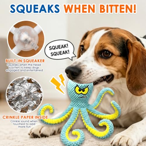 Image of MAXBECK Interactive Octopus Dog Toy, Plush Dog Toy with Crinkle Paper & Squeaker, Tug of War Dog Toy for Small Medium Large Dogs, Soft Dog Chew Toy for Indoor Play, Puppy Training (H-Octopus-Green)